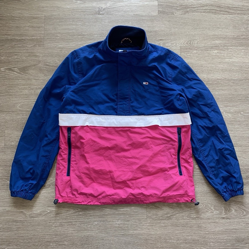 Tommy Hilfiger Jeans Colorblock Popover Winderbreaker Jacket Men's M Blue Pink